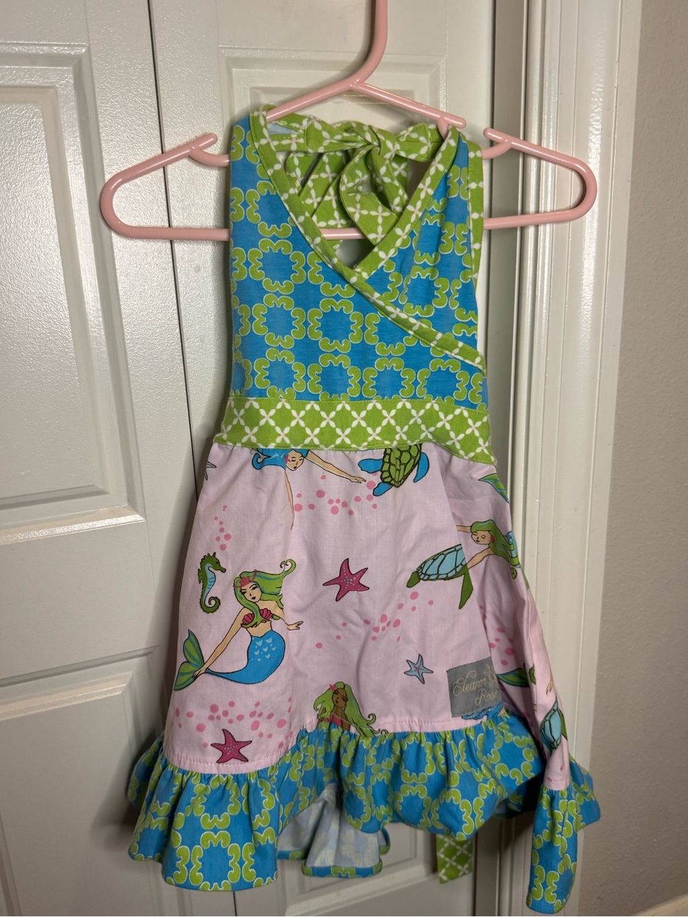 Eleanor Rose Mermaid Print Cross-Back Apron Dress in Pink, Blue & Green